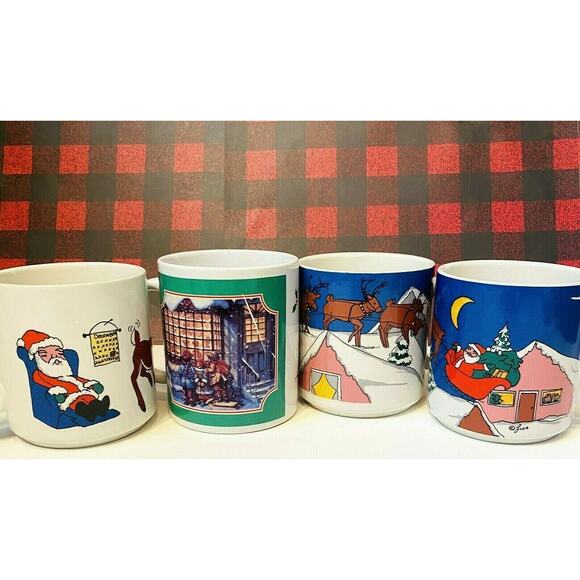 Retro Christmas Mugs 4 Coffee Cocoa Tea Mugs Holiday Traditions Stoneware - Picture 1 of 7